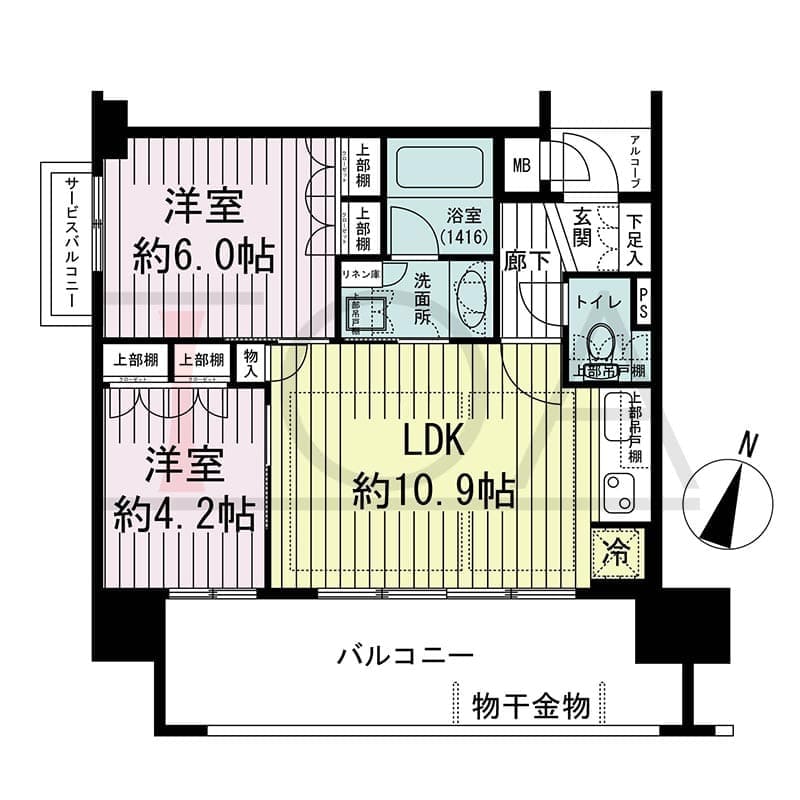 ザ・レジデンス元町海岸通の間取り図 Rタイプ
1邸　南向き住戸
2LDK　専有面積47.27m2
バルコニー面積13.47m2
アルコーブ面積1.39m2