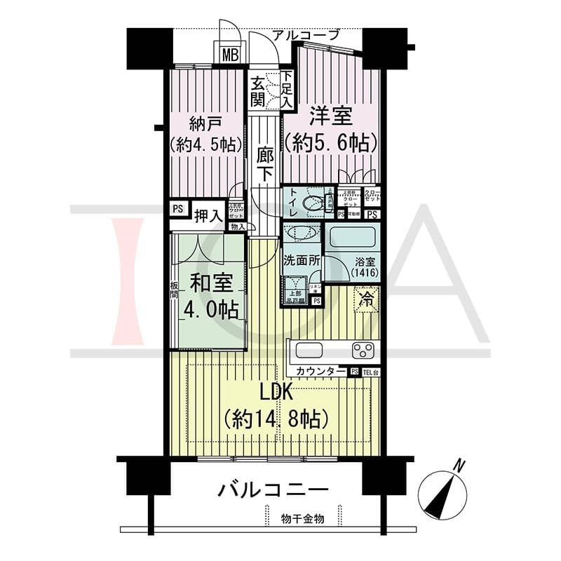 ザ・レジデンス元町海岸通の間取り図 Sタイプ
3邸　南向き住戸
2SLDK　専有面積61.65m2
バルコニー面積11.49m2
アルコーブ面積3.97m2