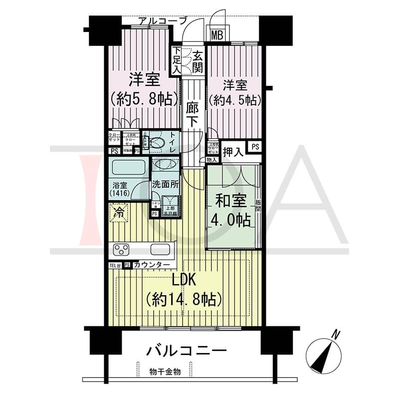 ザ・レジデンス元町海岸通の間取り図 Tタイプ
3邸　南向き住戸
3LDK　専有面積61.93m2
バルコニー面積11.49m2
アルコーブ面積3.70m2