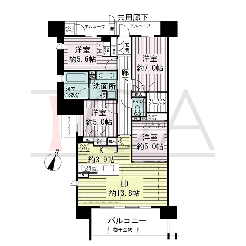 ジオ神戸中山手通の間取り図 全11邸　南向き住戸
3LDK＋F・4LDK(14F・15F)　専有面積92.50m2
バルコニー面積11.27m2
アルコーブ面積5.75m2