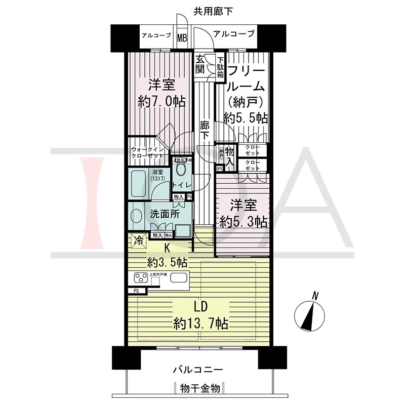 ジオ神戸中山手通の間取り図 EB
全11邸　南向き住戸
2LDK＋Ｆ　専有面積78.74m2
バルコニー面積12.09m2
アルコーブ面積5.18m2