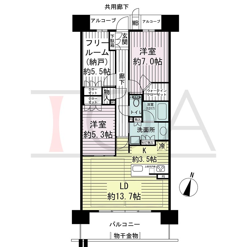 ジオ神戸中山手通の間取り図 EB’
全8邸　南向き住戸
2LDK＋Ｆ　専有面積78.74m2
バルコニー面積12.09m2
アルコーブ面積5.18m2