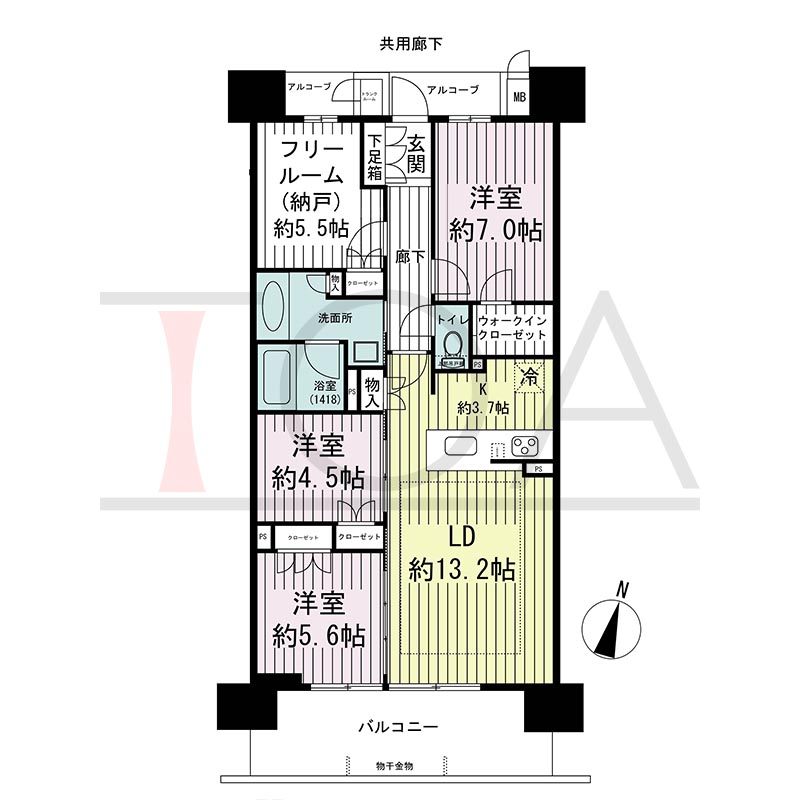 ジオ神戸中山手通の間取り図 EC
全10邸　南向き住戸
3LDK＋Ｆ　専有面積85.64m2
バルコニー面積13.06m2
アルコーブ面積4.46m2