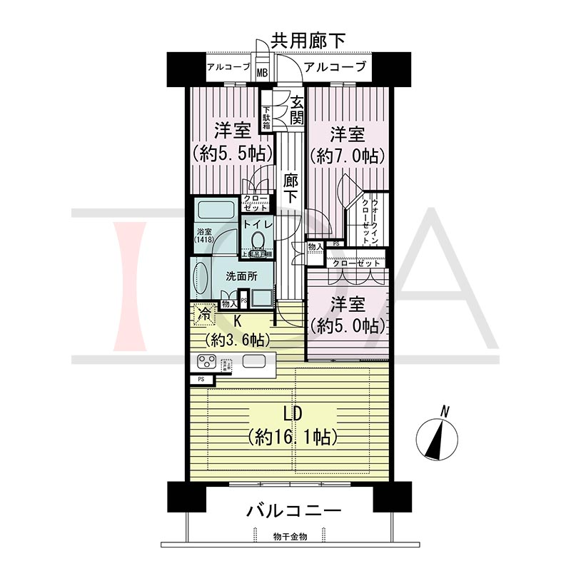 ジオ神戸中山手通の間取り図 EDa
全9邸　南向き住戸
2LDK＋Ｆ(5F)・3LDK(6-13F)　専有面積78.74m2
バルコニー面積12.67m2
アルコーブ面積5.45m2