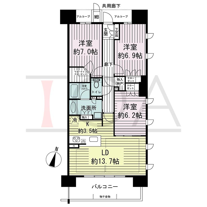ジオ神戸中山手通の間取り図 EE1
全1邸　南向き住戸
3LDK　専有面積82.67m2
バルコニー面積11.70m2
アルコーブ面積4.99m2