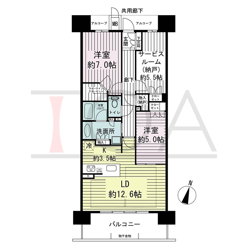 ジオ神戸中山手通の間取り図 EE
全5邸　南向き住戸
2LDK＋F　専有面積76.20m2
バルコニー面積11.70m2
アルコーブ面積4.99m2