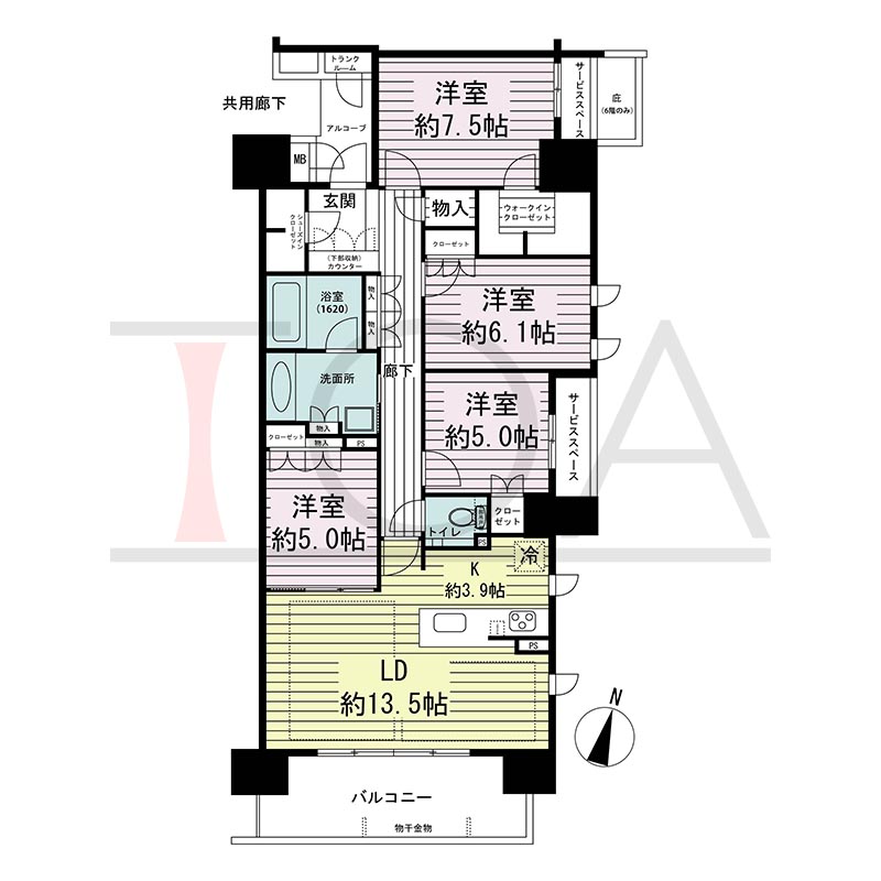 ジオ神戸中山手通の間取り図 EF
全5邸　南向き住戸
3LDK＋F(5F)・4LDK(6~9F)　専有面積99.59m2
バルコニー面積11.77m2
アルコーブ面積2.93m2