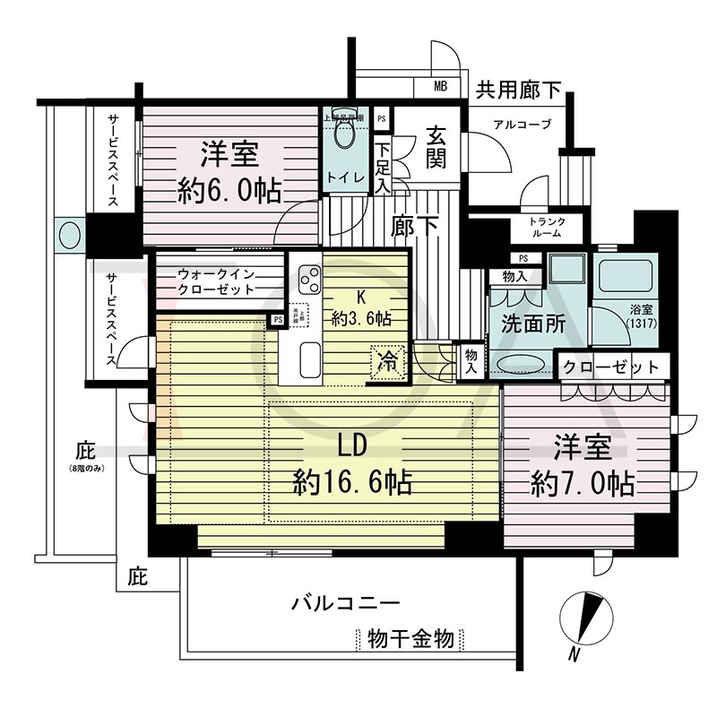 ジオ神戸中山手通の間取り図 EG1
全2邸　東向き住戸
2LDK　専有面積78.64m2
バルコニー面積12.33m2
アルコーブ面積4.00m2