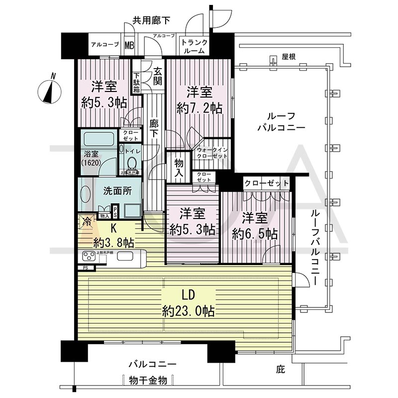 ジオ神戸中山手通の間取り図 EIrb
全1邸　南東角住戸
4LDK　専有面積111.79m2
バルコニー面積12.67m2
ルーフバルコニー面積29.05m2
アルコーブ面積3.67m2