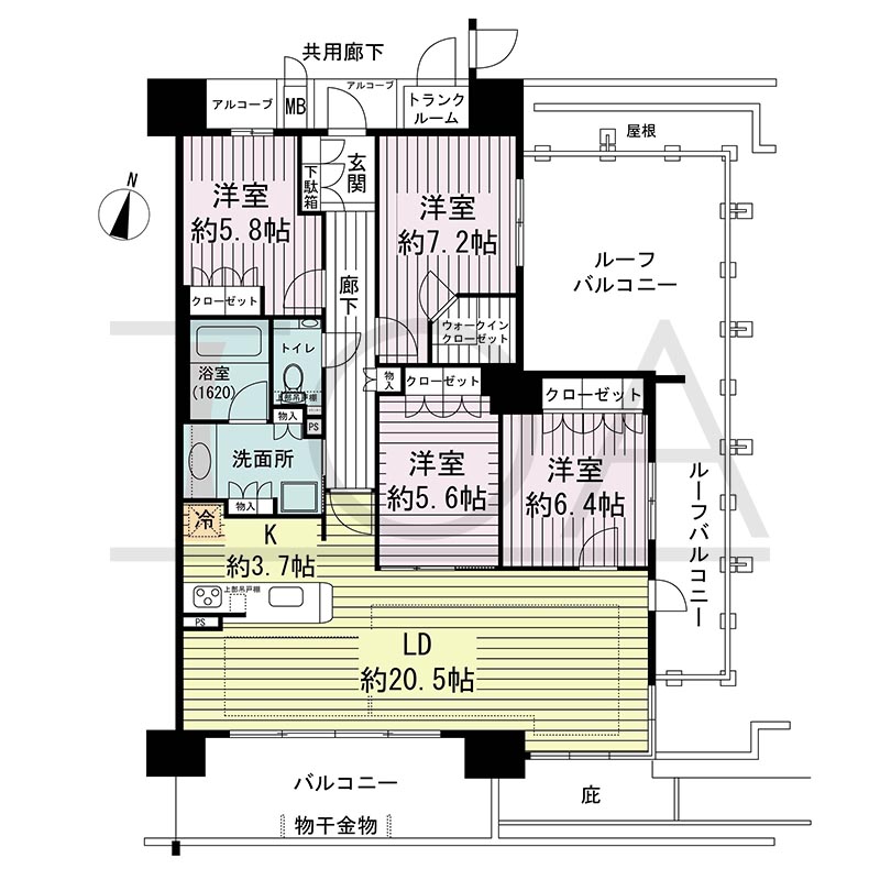 ジオ神戸中山手通の間取り図 EJr
全1邸　南東角住戸
4LDK　専有面積108.22m2
バルコニー面積12.09m2
ルーフバルコニー面積31.69m2
アルコーブ面積3.39m2