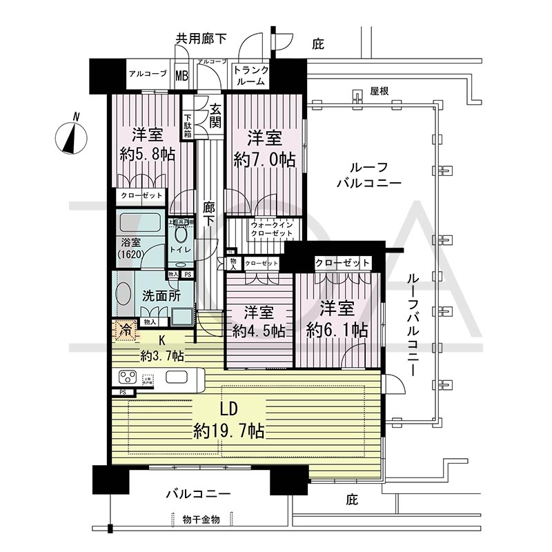 ジオ神戸中山手通の間取り図 EKr
全1邸　南東角住戸
4LDK　専有面積104.87m2
バルコニー面積11.70m2
ルーフバルコニー面積32.50m2
アルコーブ面積3.20m2