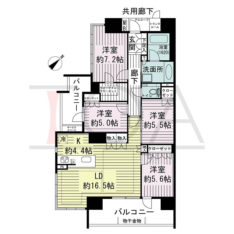ジオ神戸中山手通の間取り図 SA
全9邸　南西角住戸
4LDK　専有面積102.16m2
バルコニー面積18.87m2
アルコーブ面積1.56m2