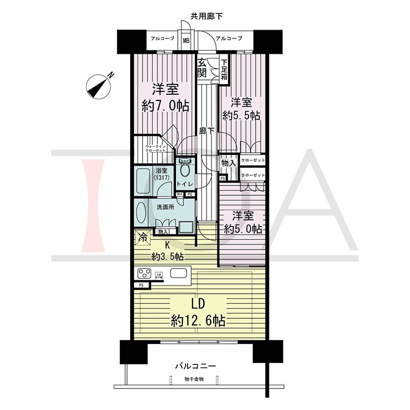 ジオ神戸中山手通の間取り図 SC
全6邸　南向き住戸
3LDK　専有面積77.70m2
バルコニー面積12.09m2
アルコーブ面積4.99m2
