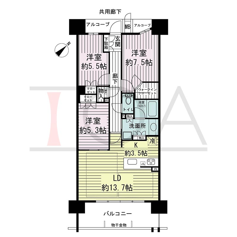 ジオ神戸中山手通の間取り図 SD
全6邸　南向き住戸
3LDK　専有面積79.57m2
バルコニー面積12.09m2
アルコーブ面積4.34m2