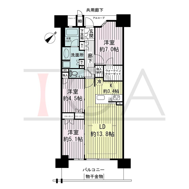 ジオ神戸中山手通の間取り図 SEa
全11邸　南向き住戸
3LDK　専有面積75.96m2
バルコニー面積11.50m2
アルコーブ面積3.87m2