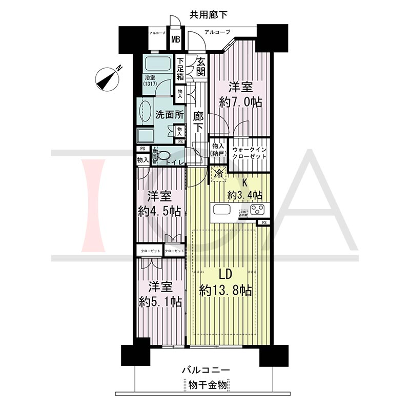 ジオ神戸中山手通の間取り図 SEb
全11邸　南向き住戸
2LDK＋F(5~11F) 3LDK(12~15F)　専有面積75.96m2
バルコニー面積11.50m2
アルコーブ面積3.87m2