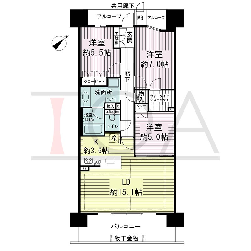 ジオ神戸中山手通の間取り図 SF
全11邸　南向き住戸
2LDK＋F(5~12F)3LDK(13~15F)　専有面積82.06m2
バルコニー面積12.67m2
アルコーブ面積5.94m2