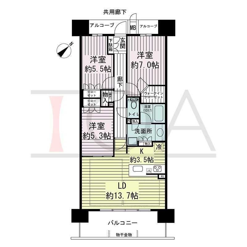 ジオ神戸中山手通の間取り図 SI
全11邸　南向き住戸
2LDK＋F(5F)3LDK(6~15F)　専有面積78.74m2
バルコニー面積12.09m2
アルコーブ面積5.18m2