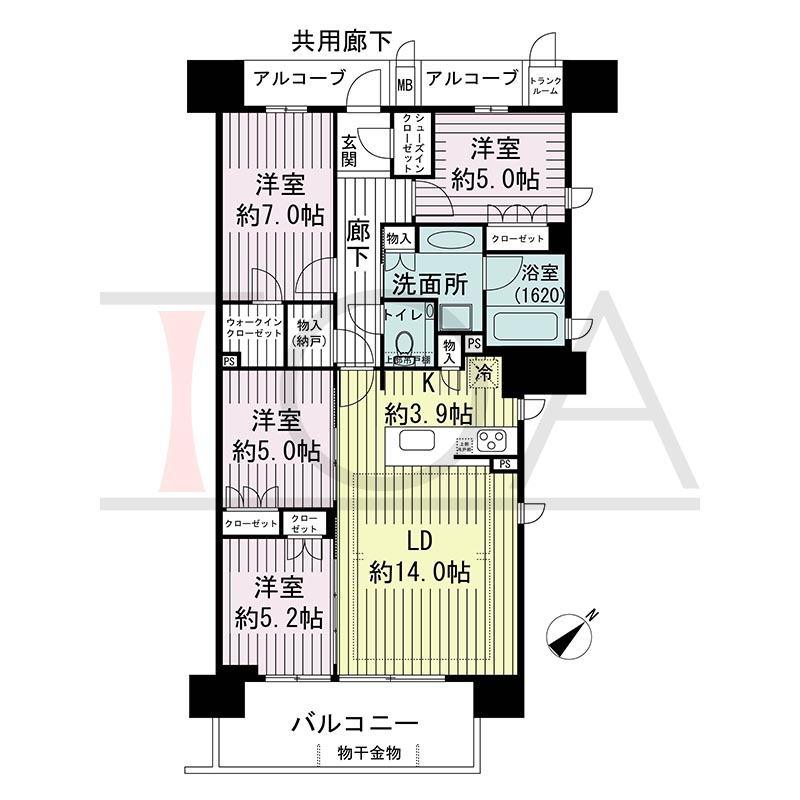 ジオ神戸中山手通の間取り図 SJ
全11邸　南向き住戸
4LDK　専有面積92.89m2
バルコニー面積11.35m2
アルコーブ面積5.77m2