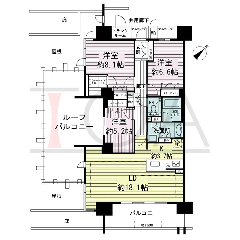 ジオ神戸中山手通の間取り図 SKr
全1邸　南西角住戸
3LDK　専有面積94.52m2
バルコニー面積12.09m2
ルーフバルコニー面積33.32m2
アルコーブ面積3.26m2