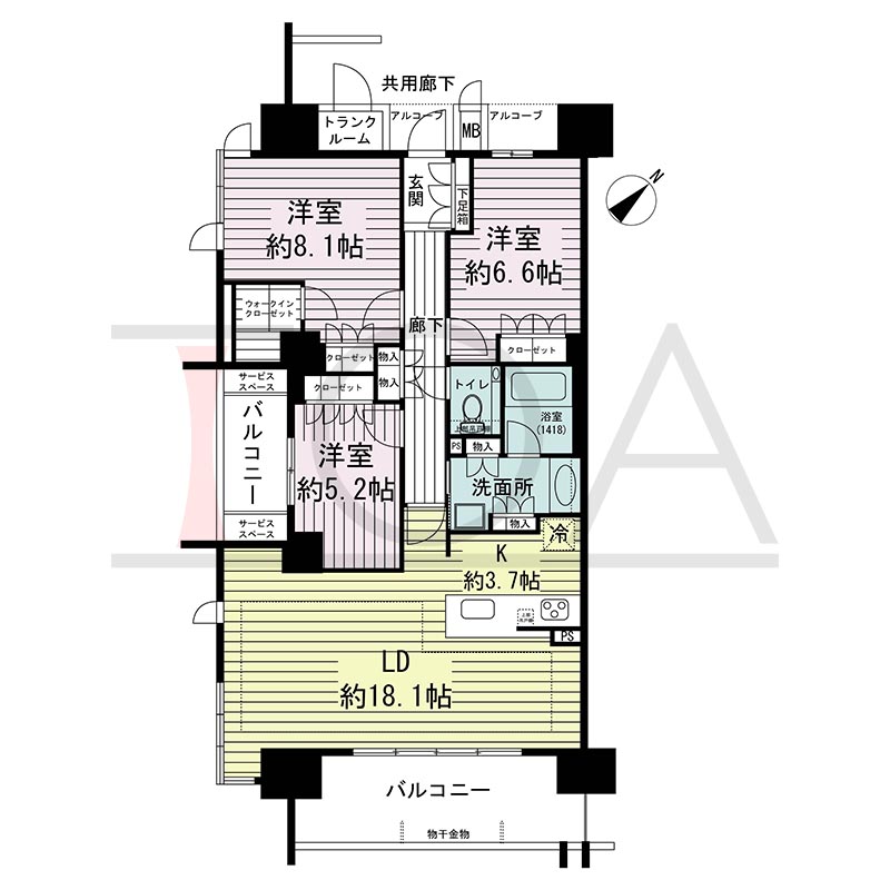ジオ神戸中山手通の間取り図 SK
全4邸　南西角住戸
3LDK　専有面積94.52m2
バルコニー面積15.78m2
アルコーブ面積3.26m2