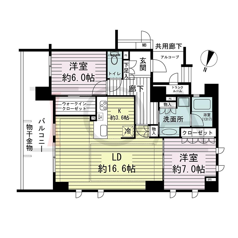 ジオ神戸中山手通の間取り図 EG
全3邸　東向き住戸
2LDK　専有面積78.64m2
バルコニー面積16.80m2
アルコーブ面積4.00m2