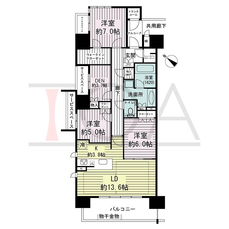 ジオ神戸中山手通の間取り図 WA
全2邸　北西角住戸
4LDK　専有面積98.81m2
バルコニー面積12.26m2
アルコーブ面積3.03m2