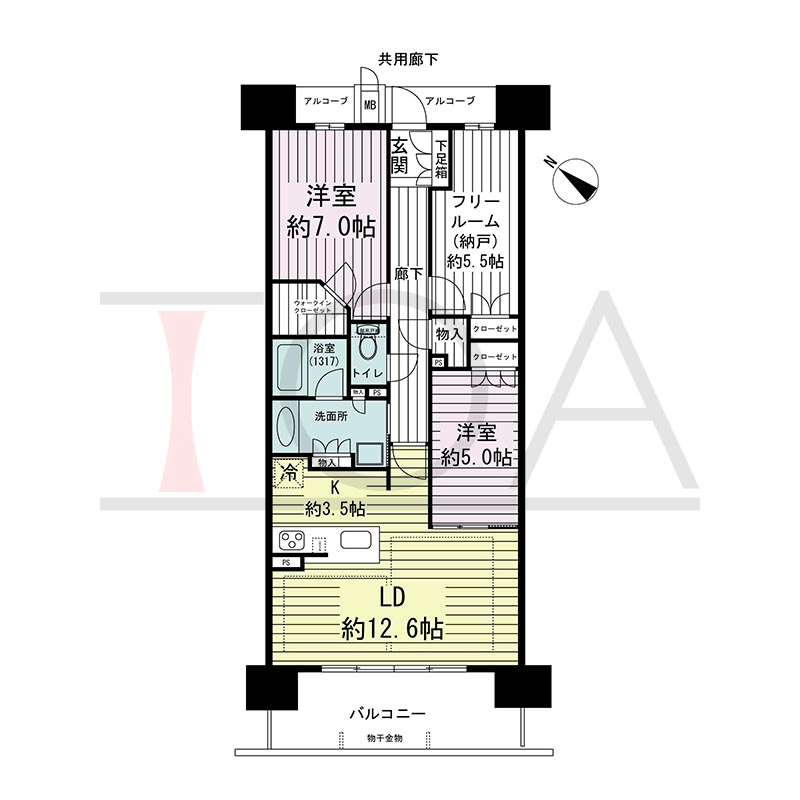 ジオ神戸中山手通の間取り図 WB
全6邸　西向き住戸
2LDK＋F　専有面積77.70m2
バルコニー面積11.70m2
アルコーブ面積4.99m2