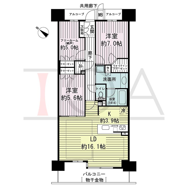 ジオ神戸中山手通の間取り図 WC1
全3邸　西向き住戸
2LDK＋F　専有面積83.59m2
バルコニー面積10.16m2
アルコーブ面積5.36m2