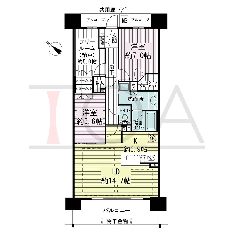 ジオ神戸中山手通の間取り図 WC
全4邸　西向き住戸
2LDK＋F　専有面積81.28m2
バルコニー面積12.48m2
アルコーブ面積5.36m2