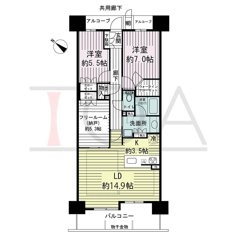 ジオ神戸中山手通の間取り図 WDa1
全3邸　西向き住戸
2LDK＋F　専有面積82.16m2
バルコニー面積10.17m2
アルコーブ面積5.18m2
