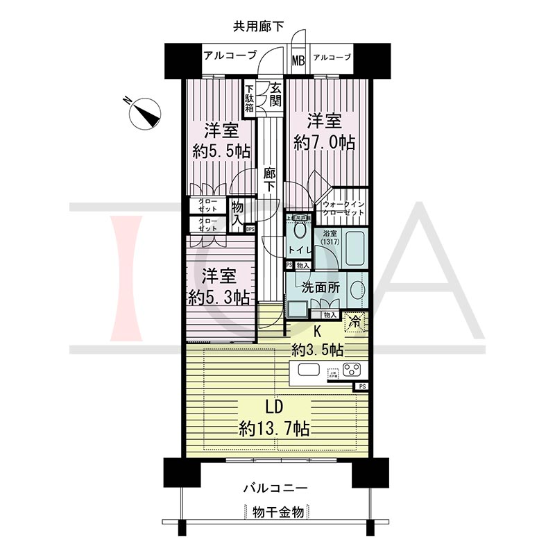 ジオ神戸中山手通の間取り図 WDa
全5邸　西向き住戸
3LDK　専有面積80.24m2
バルコニー面積12.09m2
アルコーブ面積5.18m2