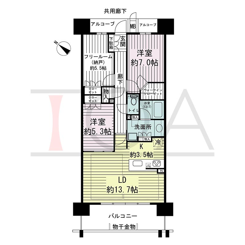 ジオ神戸中山手通の間取り図 WDb
全9邸　西向き住戸
2LDK＋F　専有面積80.24m2
バルコニー面積12.09m2
アルコーブ面積5.18m2