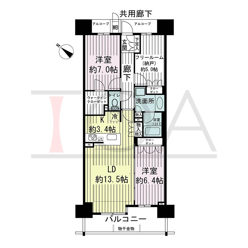 ジオ神戸中山手通の間取り図 WE1
全3邸　西向き住戸
2LDK＋F　専有面積78.12m2
バルコニー面積9.78m2
アルコーブ面積4.99m2