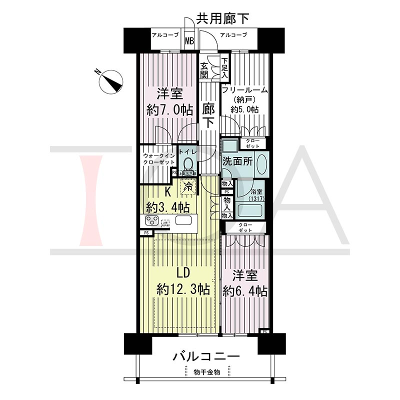 ジオ神戸中山手通の間取り図 WE
全6邸　西向き住戸
2LDK＋F　専有面積76.20m2
バルコニー面積11.70m2
アルコーブ面積4.99m2