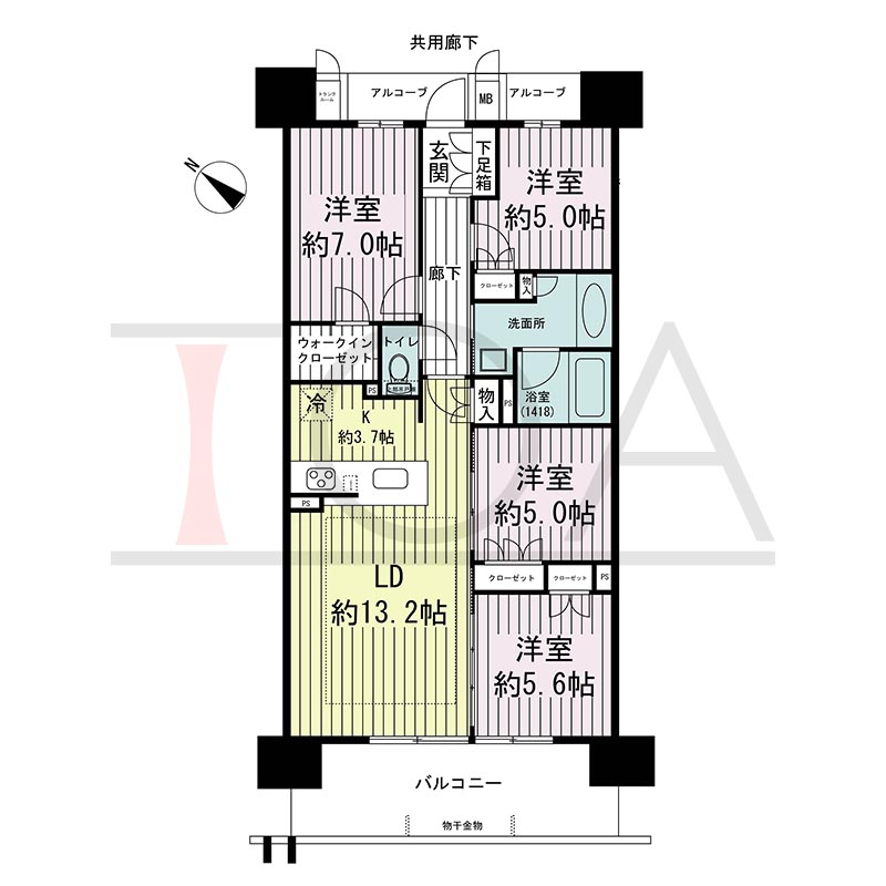ジオ神戸中山手通の間取り図 WF
全11邸　西向き住戸
3LDK＋F(4.5F) 4LDK(6~14F)　専有面積85.73m2
バルコニー面積13.06m2
アルコーブ面積4.46m2