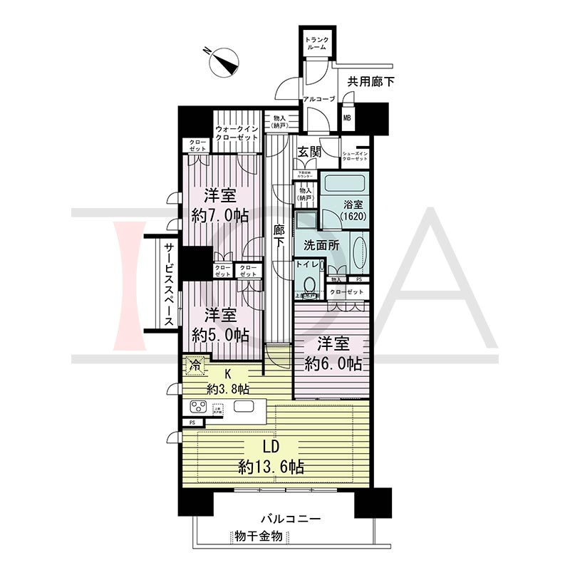 ジオ神戸中山手通の間取り図 WH
全3邸　西向き住戸
3LDK　専有面積91.41m2
バルコニー面積12.26m2
アルコーブ面積1.17m2