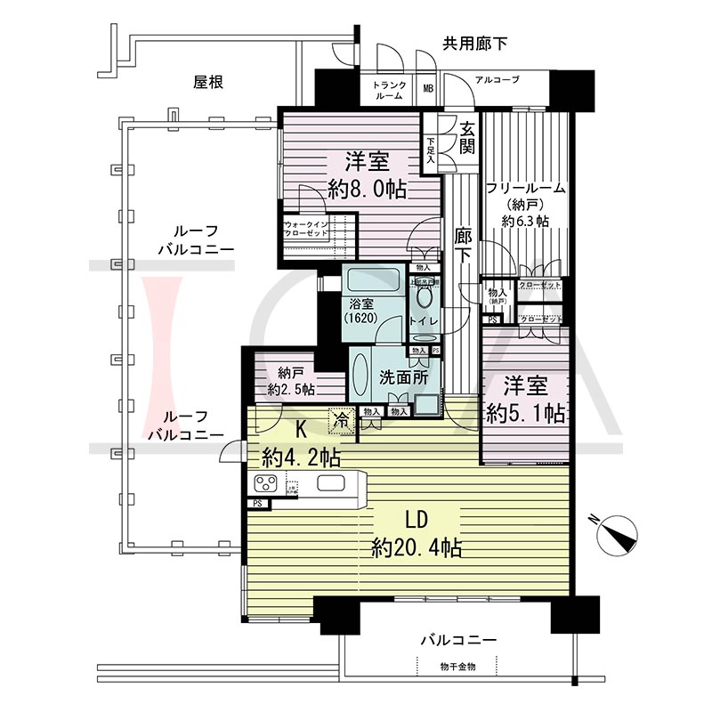 ジオ神戸中山手通の間取り図 WIr
全1邸　南西角住戸
2LDK＋F　専有面積102.02m2
バルコニー面積11.70m2
ルーフバルコニー面積39.10m2
アルコーブ面積3.17m2
