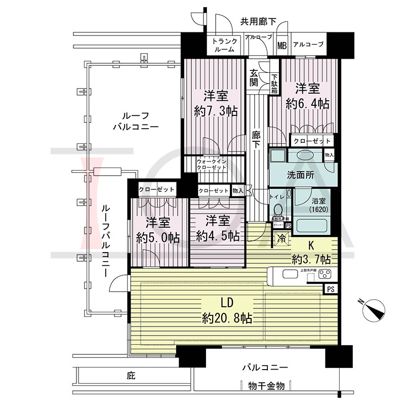ジオ神戸中山手通の間取り図 WJr
全1邸　南西角住戸
4LDK　専有面積107.00m2
バルコニー面積12.48m2
ルーフバルコニー面積30.89m2
アルコーブ面積3.45m2