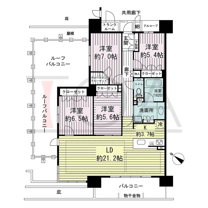 ジオ神戸中山手通の間取り図 WKr
全1邸　南西角住戸
4LDK　専有面積108.91m2
バルコニー面積12.09m2
ルーフバルコニー面積33.44m2
アルコーブ面積3.26m2