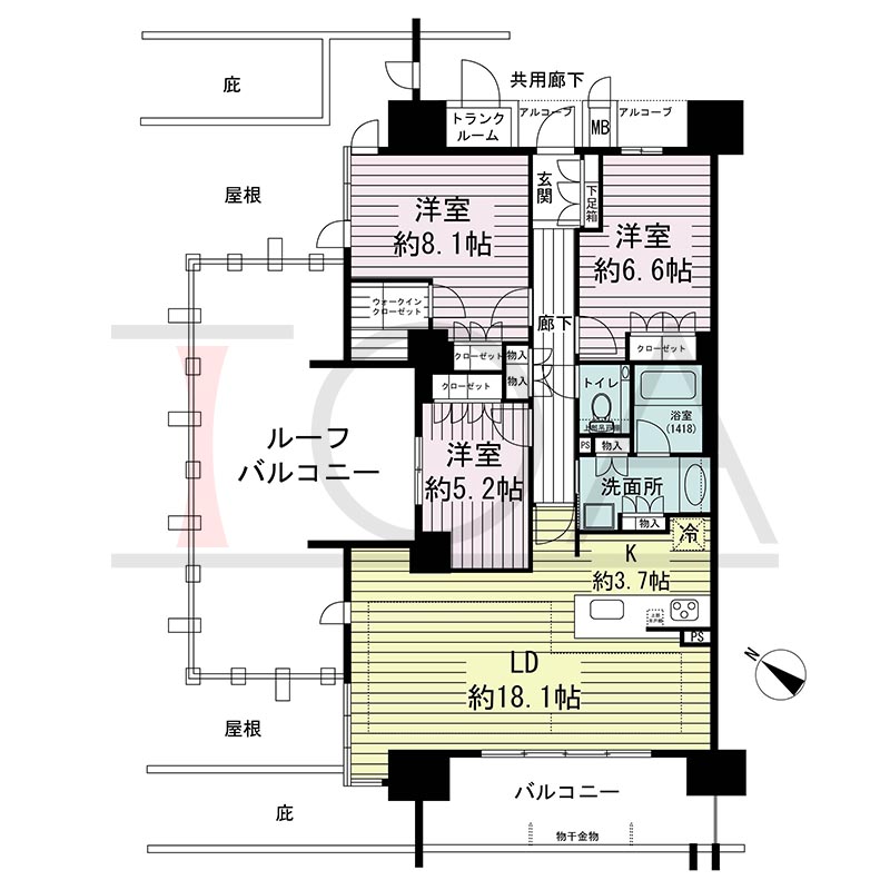 ジオ神戸中山手通の間取り図 WLr
全1邸　南西角住戸
3LDK　専有面積94.52m2
バルコニー面積12.09m2
ルーフバルコニー面積33.32m2
アルコーブ面積3.26m2