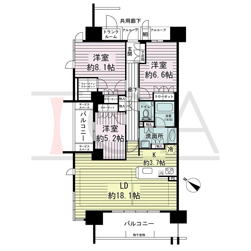 ジオ神戸中山手通の間取り図 WL
全1邸　北西角住戸
3LDK　専有面積94.52m2
バルコニー面積15.78m2
アルコーブ面積3.26m2