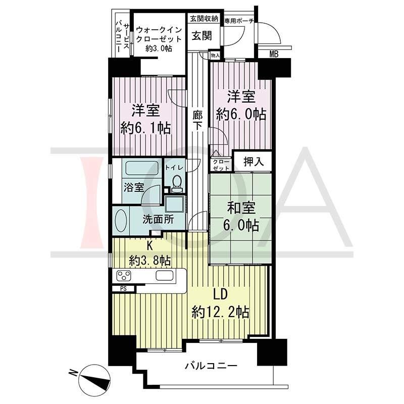 エステムコート国香通の間取り図 Aタイプ
全15邸　北西角住戸
3LDK＋DEN
専有面積83.59m2
バルコニー面積9.31m2
テラス面積9.31m2(1Fのみ)
専用ポーチ面積2.47m2