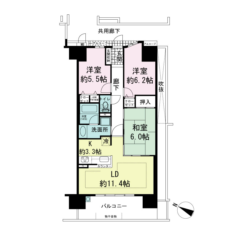 エステムコート国香通の間取り図 Bタイプ
全14邸　西向き住戸
3LDK
専有面積70.89m2
バルコニー面積12.83m2
アルコーブ面積2.16m2