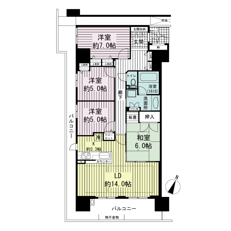 エステムコート国香通の間取り図 Cタイプ
全14邸　南西角住戸
4LDK
専有面積92.99m2
バルコニー面積28.70m2
専用ポーチ面積2.10m2