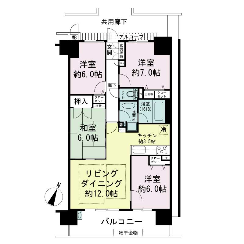 エステムコート国香通の間取り図 Eタイプ
全3邸　南向き住戸
4LDK
専有面積84.89m2
バルコニー面積13.49m2
アルコーブ面積2.70m2