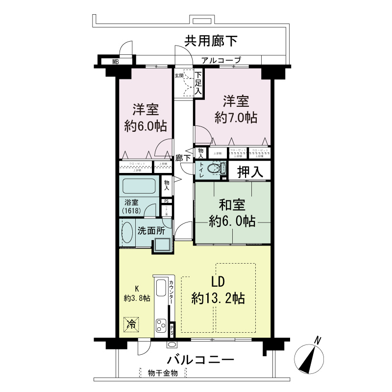 エステムコート国香通の間取り図 Gタイプ
全3邸　南向き住戸
3LDK
専有面積81.32m2
バルコニー面積12.92m2
アルコーブ面積2.72m2