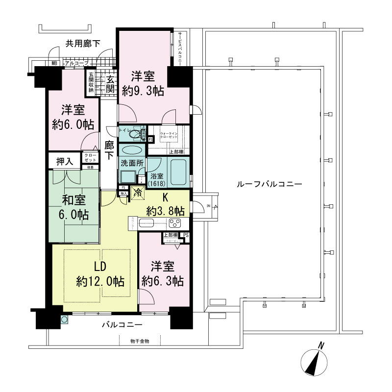 エステムコート国香通の間取り図 Irタイプ
全1邸　東南角住戸
4LDK
専有面積92.02m2
バルコニー面積16.27m2
ルーフバルコニー面積74.16m2
アルコーブ面積1.31m2