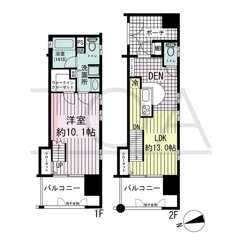 ワコーレ新神戸カデンツァの間取り図 A1タイプ
全1邸　西向き角住戸
1LDK＋DEN メゾネットタイプ
専有面積54.14m2
バルコニー面積14.62m2
ポーチ面積7.00m2