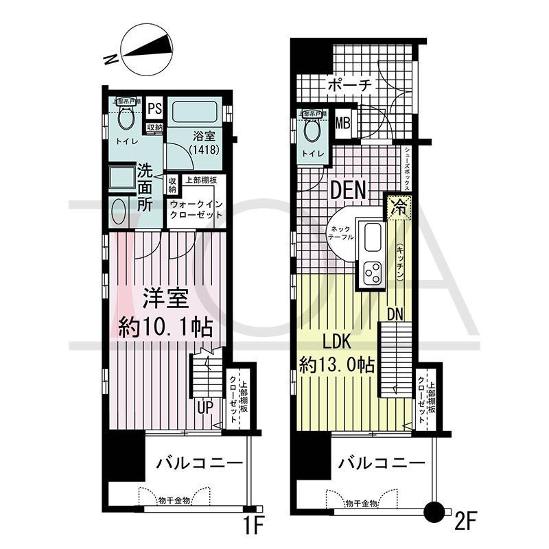 ワコーレ新神戸カデンツァの間取り図 A2タイプ
全1邸　西向き角住戸
1LDK＋DEN メゾネットタイプ
専有面積54.14m2
バルコニー面積14.62m2
ポーチ面積3.15m2